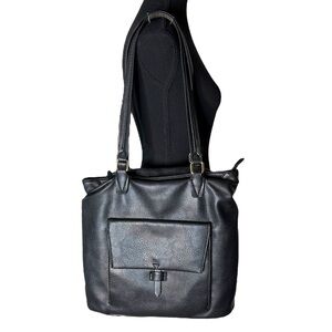 KGB STUDIO Black Faux Leather Pebbled Tote Bag Zipper Double Handles *Flaw